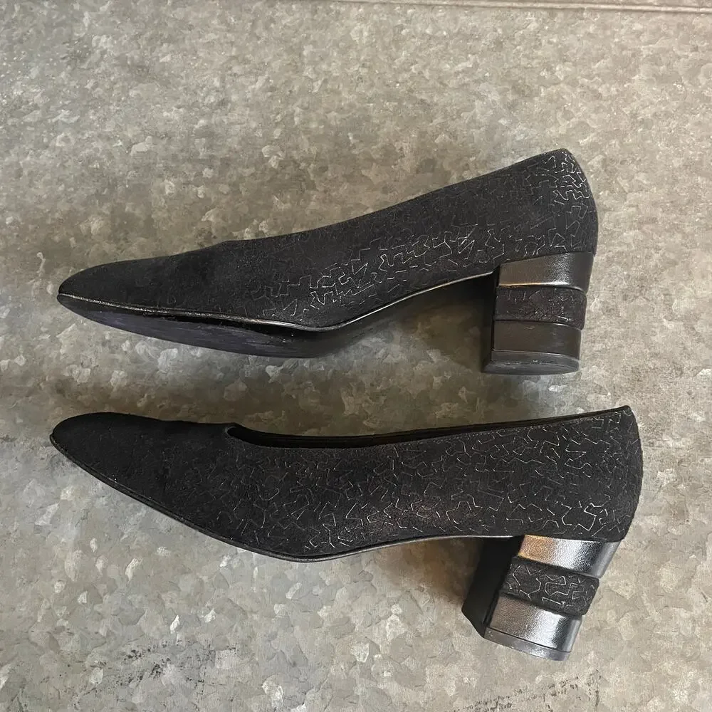 Vintage Salvatore Ferragamo Florence Suede Geometric Block Heel 10 Black Leather